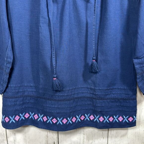 Vineyard Vines Embroidered Hem Peasant Hippie Tassel Blue Pink Cotton Blouse - Picture 8 of 15